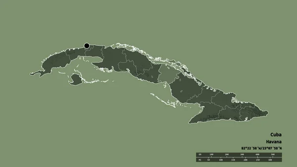 主要な地域部門と分離されたシエゴ アビラ地域とキューバの荒廃した形 ラベル 色の標高マップ 3Dレンダリング — ストック写真