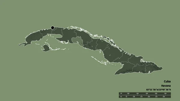 主要な地域部門と分離されたCienfuegosエリアとキューバの荒廃した形状 ラベル 色の標高マップ 3Dレンダリング — ストック写真