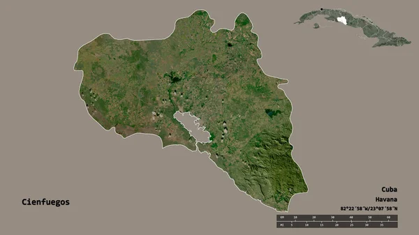 キューバ州のCienfuegosの形状は その首都はしっかりとした背景に隔離されています 距離スケール リージョンプレビュー およびラベル 衛星画像 3Dレンダリング — ストック写真