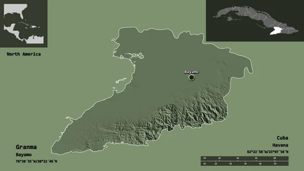 キューバのグランマ州とその首都の形 距離スケール プレビューおよびラベル 色の標高マップ 3Dレンダリング — ストック写真