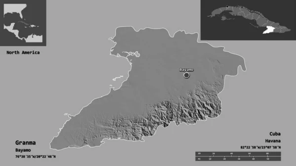 キューバのグランマ州とその首都の形 距離スケール プレビューおよびラベル 標高マップ 3Dレンダリング — ストック写真