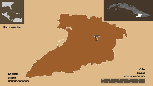 Shape Granma Province Cuba Its Capital Distance Scale Previews Labels — Stock Photo, Image