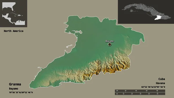 キューバのグランマ州とその首都の形 距離スケール プレビューおよびラベル 地形図 3Dレンダリング — ストック写真