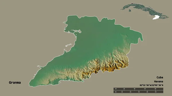キューバの州 グランマの形状は その首都はしっかりとした背景に隔離されています 距離スケール リージョンプレビュー およびラベル 地形図 3Dレンダリング — ストック写真
