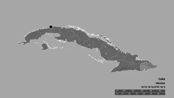 主要な地域部門と分離グアンタナモ地域とキューバの荒廃した形 ラベル 標高マップ 3Dレンダリング — ストック写真