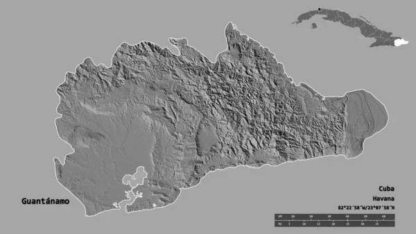古巴省关塔那摩的形状 其首都在坚实的背景下与世隔绝 距离尺度 区域预览和标签 Bilevel高程图 3D渲染 — 图库照片