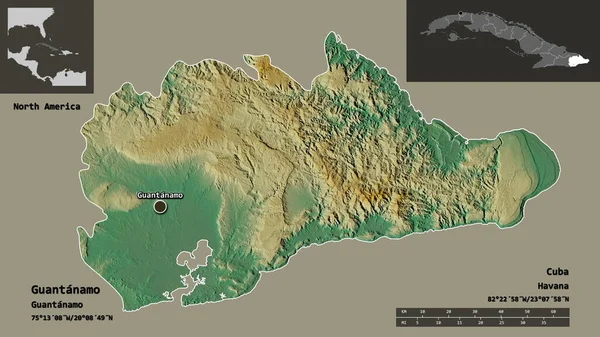 キューバの州であるグアンタナモとその首都の形 距離スケール プレビューおよびラベル 地形図 3Dレンダリング — ストック写真