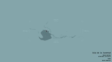 Isla de la Juventud bölgesi, Küba eyaleti, katı bir arka planda izole edilmiş bir sınır kutusunda. Etiketler. Renkli yükseklik haritası. 3B görüntüleme