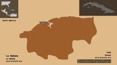 La Habana 'nın şekli, Küba vilayeti ve başkenti. Uzaklık ölçeği, ön gösterimler ve etiketler. Desenli dokuların bileşimi. 3B görüntüleme