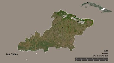 Las Tunas, Küba eyaleti, başkenti sağlam bir zemin üzerinde izole edilmiştir. Uzaklık ölçeği, bölge önizlemesi ve etiketleri. Uydu görüntüleri. 3B görüntüleme
