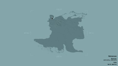 Matanzas bölgesi, Küba vilayeti, jeoreferatlı bir sınır kutusunda sağlam bir arka planda izole edilmiş. Etiketler. Renkli yükseklik haritası. 3B görüntüleme