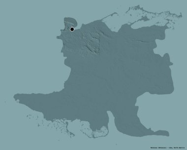 Matanzas 'ın şekli, Küba eyaleti, başkenti katı bir renk arkaplanı ile izole edilmiştir. Renkli yükseklik haritası. 3B görüntüleme