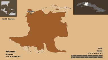 Matanzas 'ın şekli, Küba eyaleti ve başkenti. Uzaklık ölçeği, ön gösterimler ve etiketler. Desenli dokuların bileşimi. 3B görüntüleme