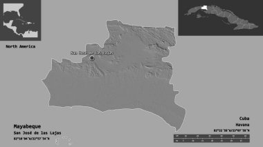 Mayabeque 'in şekli, Küba eyaleti ve başkenti. Uzaklık ölçeği, ön gösterimler ve etiketler. Çift seviyeli yükseklik haritası. 3B görüntüleme