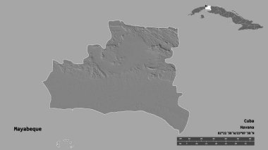 Başkenti sağlam bir zemin üzerinde izole edilmiş olan Mayabeque, Küba eyaleti. Uzaklık ölçeği, bölge önizlemesi ve etiketleri. Çift seviyeli yükseklik haritası. 3B görüntüleme