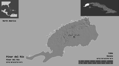Küba 'nın Pinar del Rio bölgesi ve başkenti. Uzaklık ölçeği, ön gösterimler ve etiketler. Çift seviyeli yükseklik haritası. 3B görüntüleme