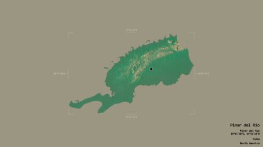 Küba 'nın Pinar del Rio bölgesinde katı bir arka planda izole edilmiş bir sınır kutusunda. Etiketler. Topografik yardım haritası. 3B görüntüleme