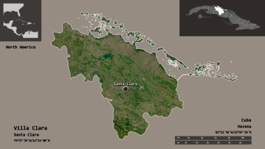Küba ili ve başkenti Villa Clara 'nın şeklidir. Uzaklık ölçeği, ön gösterimler ve etiketler. Uydu görüntüleri. 3B görüntüleme