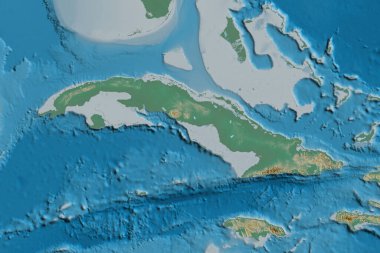 Küba 'nın genişletilmiş bölgesi. Topografik yardım haritası. 3B görüntüleme