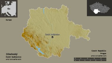 Çek Cumhuriyeti 'nin Jihocesky bölgesi ve başkenti. Uzaklık ölçeği, ön gösterimler ve etiketler. Topografik yardım haritası. 3B görüntüleme