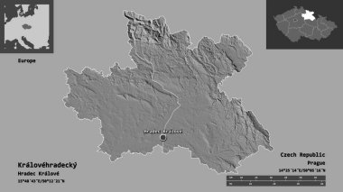 Kralovehradecky 'nin şekli, Çek Cumhuriyeti bölgesi ve başkenti. Uzaklık ölçeği, ön gösterimler ve etiketler. Çift seviyeli yükseklik haritası. 3B görüntüleme