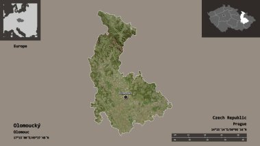Olomoucky 'nin şekli, Çek Cumhuriyeti bölgesi ve başkenti. Uzaklık ölçeği, ön gösterimler ve etiketler. Uydu görüntüleri. 3B görüntüleme
