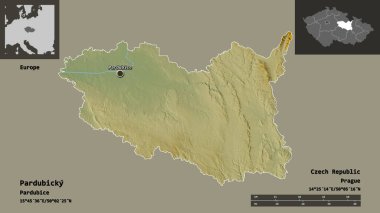 Parbicky 'nin şekli, Çek Cumhuriyeti bölgesi ve başkenti. Uzaklık ölçeği, ön gösterimler ve etiketler. Topografik yardım haritası. 3B görüntüleme
