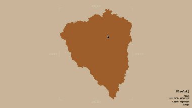 Çek Cumhuriyeti 'nin Plzensky bölgesi, katı bir arka planda izole edilmiş bir sınır kutusunda. Etiketler. Desenli dokuların bileşimi. 3B görüntüleme