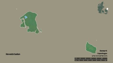 Danimarka 'nın Hovedstaden bölgesi, başkenti sağlam bir zemin üzerinde izole edilmiştir. Uzaklık ölçeği, bölge önizlemesi ve etiketleri. Topografik yardım haritası. 3B görüntüleme