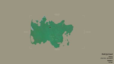 Danimarka 'nın Midtjylland bölgesinde katı bir arka planda izole edilmiş bir sınır kutusu var. Etiketler. Topografik yardım haritası. 3B görüntüleme