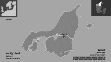 Nordjylland 'in şekli, Danimarka bölgesi ve başkenti. Uzaklık ölçeği, ön gösterimler ve etiketler. Çift seviyeli yükseklik haritası. 3B görüntüleme