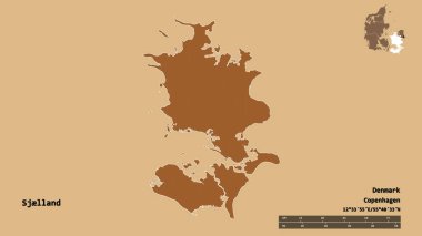 Danimarka 'nın Sjlland bölgesi, başkenti katı bir zemin üzerinde izole edilmiştir. Uzaklık ölçeği, bölge önizlemesi ve etiketleri. Desenli dokuların bileşimi. 3B görüntüleme