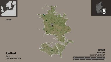 Sjlland 'ın şekli, Danimarka bölgesi ve başkenti. Uzaklık ölçeği, ön gösterimler ve etiketler. Uydu görüntüleri. 3B görüntüleme