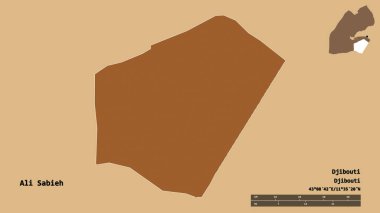 Ali Sabieh 'in şekli, Cibuti bölgesi, sermayesi sağlam arka planda izole edilmiş. Uzaklık ölçeği, bölge önizlemesi ve etiketleri. Desenli dokuların bileşimi. 3B görüntüleme