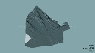 Dikhil bölgesi, Cibuti bölgesi, jeoreferatlı bir sınır kutusunda sağlam bir zemin üzerinde izole edilmiş. Etiketler. Renkli yükseklik haritası. 3B görüntüleme