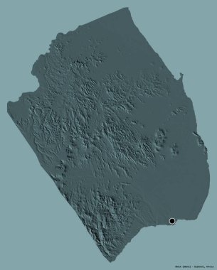 Cibuti bölgesi Obock 'un şekli, başkenti katı renk arkaplanı ile izole edilmiş. Renkli yükseklik haritası. 3B görüntüleme