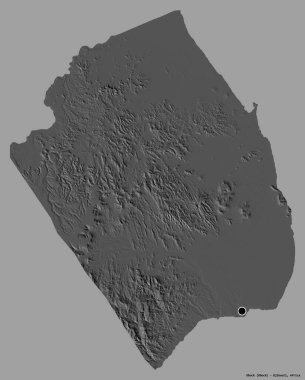 Cibuti bölgesi Obock 'un şekli, başkenti katı renk arkaplanı ile izole edilmiş. Çift seviyeli yükseklik haritası. 3B görüntüleme