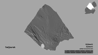 Cibuti bölgesi Tadjourah 'ın şekli, başkenti sağlam bir zemin üzerinde izole edilmiş. Uzaklık ölçeği, bölge önizlemesi ve etiketleri. Çift seviyeli yükseklik haritası. 3B görüntüleme