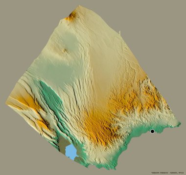 Cibuti bölgesi Tadjourah 'ın şekli, başkenti katı bir renk arkaplanı ile izole edilmiş. Topografik yardım haritası. 3B görüntüleme
