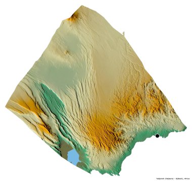 Cibuti bölgesi olan Tadjourah 'nın beyaz arka planda bulunan başkenti. Topografik yardım haritası. 3B görüntüleme