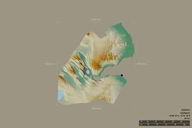 Cibuti bölgesi, jeoreferatlı bir sınır kutusunda sağlam bir arkaplanda izole edildi. Ana bölgesel bölüm, mesafe ölçeği, etiketler. Topografik yardım haritası. 3B görüntüleme