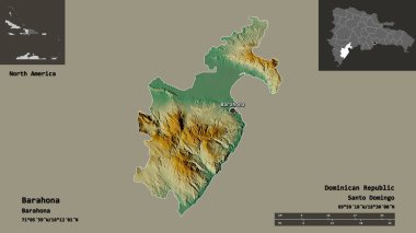 Dominik Cumhuriyeti 'nin Barahona ili ve başkenti. Uzaklık ölçeği, ön gösterimler ve etiketler. Topografik yardım haritası. 3B görüntüleme