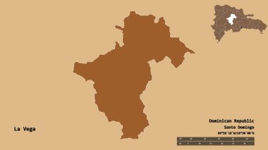 Dominik Cumhuriyeti 'nin La Vega eyaleti, başkenti sağlam arka planda izole edilmiştir. Uzaklık ölçeği, bölge önizlemesi ve etiketleri. Desenli dokuların bileşimi. 3B görüntüleme