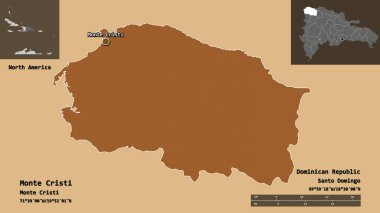 Dominik Cumhuriyeti 'nin başkenti Monte Cristi' nin sureti. Uzaklık ölçeği, ön gösterimler ve etiketler. Desenli dokuların bileşimi. 3B görüntüleme