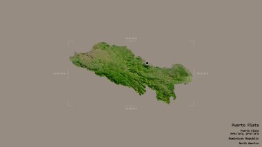 Dominik Cumhuriyeti 'nin Puerto Plata bölgesinde katı bir arka planda izole edilmiş bir sınır kutusu var. Etiketler. Uydu görüntüleri. 3B görüntüleme