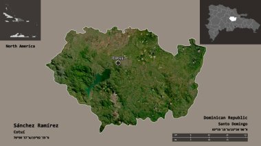 Dominik Cumhuriyeti eyaleti Sanchez Ramirez ve başkenti. Uzaklık ölçeği, ön gösterimler ve etiketler. Uydu görüntüleri. 3B görüntüleme