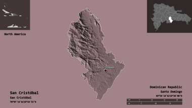 Dominik Cumhuriyeti 'nin San Cristobal ili ve başkenti. Uzaklık ölçeği, ön gösterimler ve etiketler. Renkli yükseklik haritası. 3B görüntüleme
