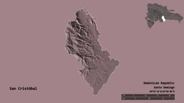 San Cristobal, Dominik Cumhuriyeti 'nin başkenti, sağlam bir arka plan ile izole edilmiştir. Uzaklık ölçeği, bölge önizlemesi ve etiketleri. Renkli yükseklik haritası. 3B görüntüleme