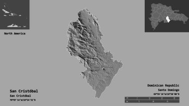 Dominik Cumhuriyeti 'nin San Cristobal ili ve başkenti. Uzaklık ölçeği, ön gösterimler ve etiketler. Çift seviyeli yükseklik haritası. 3B görüntüleme