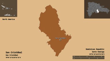 Dominik Cumhuriyeti 'nin San Cristobal ili ve başkenti. Uzaklık ölçeği, ön gösterimler ve etiketler. Desenli dokuların bileşimi. 3B görüntüleme